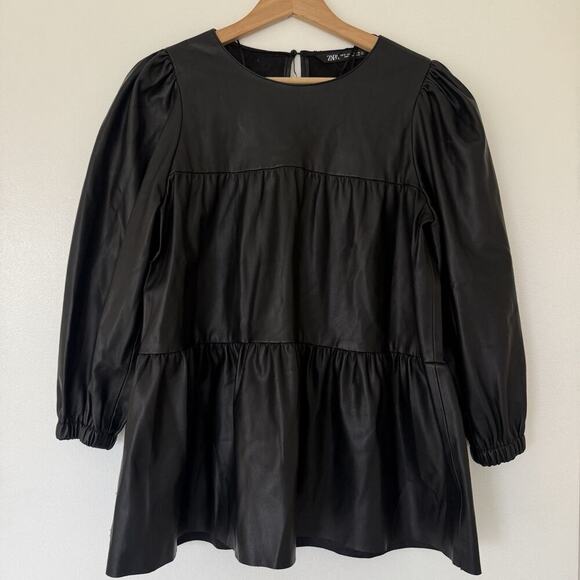 Zara Tops - ZARA Ruffled Tiered Faux Leather Babydoll 3/4 Puff Sleeve Top Black Size Medium